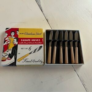 Vintage Stainless Steel Canapé Knives Fruit Wood Handle Set of 6 Japan